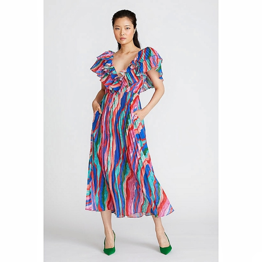 AMUR Luisa Ruffle Pleated Rainbow Watercolor Silk Midi Dress